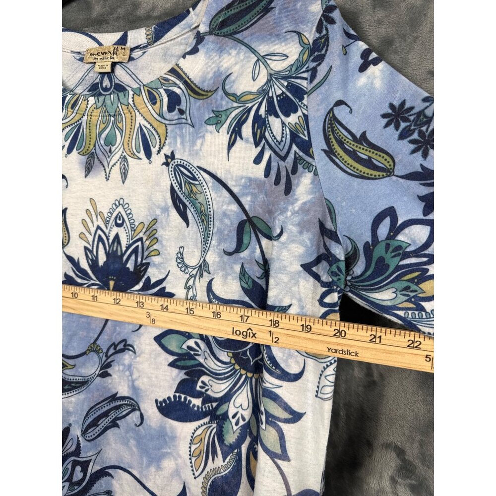OneWorld Blouse Womens Floral Tunic Top M Blue/White 3/4 Sleeve Boho Print Shirt - Picture 5 of 6